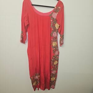 Red Kurti Floral Embroidered Side Slit Tunic 19” PTP  SZ S Boho Ethnic Dress